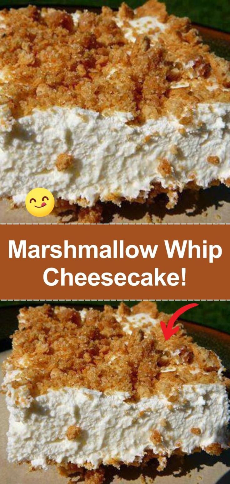 marshmallow whip cheesecake on a plate with the words marshmallow whip cheesecake above it