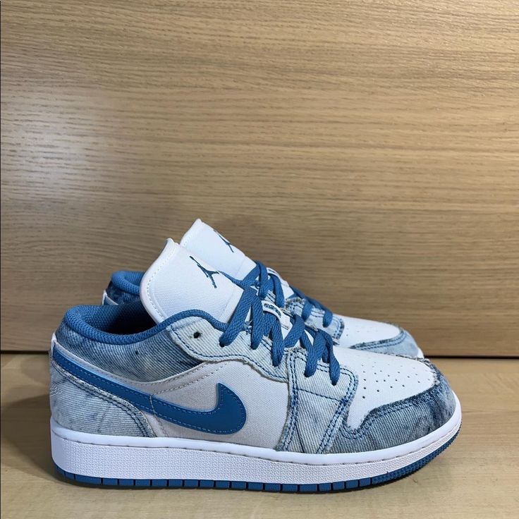 Deadstock Brand New With Box! -Sizes Available: -3.5y (Womens 5) -4.5y (Womens 6) -5y (Womens 6.5) -6.5y (Womens 8) Air Jordan 1 Low Washed Denim, White Denim Sporty Sneakers, Jordan 1 Low Denim, Shoes Jordan 1, Shoes Jordan, Womens Jordans, Denim Color, Jordan 1 Low, Colored Denim