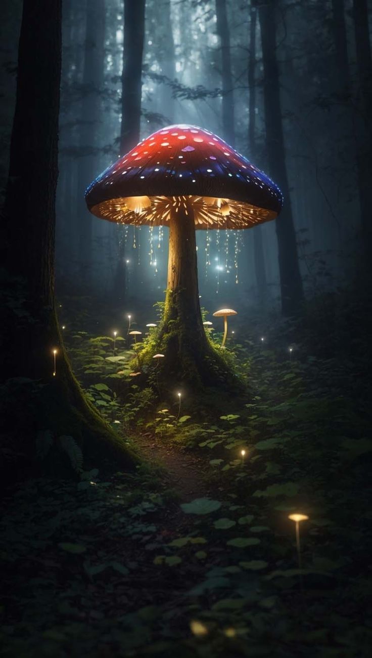 an illuminated mushroom in the middle of a forest