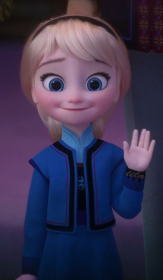 a cartoon character with big blue eyes holding her hand up to the side and smiling