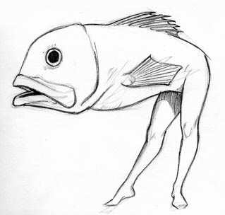 a drawing of a fish with its mouth open and it's head in the air