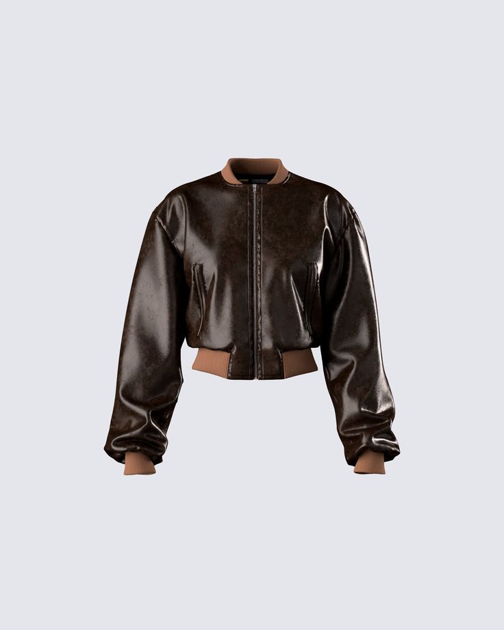 Take em’ for a joy ride in this brown washed leather jacket 😜 With a sleek yet edgy look, this chic bomber is constructed from vegan leather and is complete a ribbed neckband, sleeve cuffs, and hem and welt pockets on the front body for the perfect everyday jacket 🤎 Washed Leather Jacket, Slippers Outfit, Fit Board, Everyday Jacket, Hype Clothing, Joy Ride, Normal Clothes, Pretty Shirts, Leather Jacket Outfits