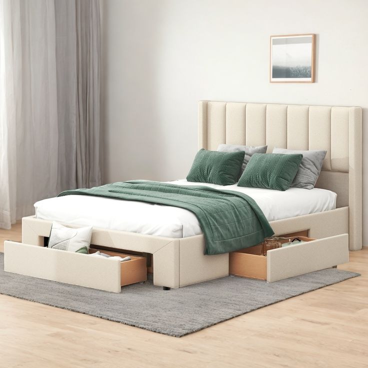 a bed with two drawers underneath it