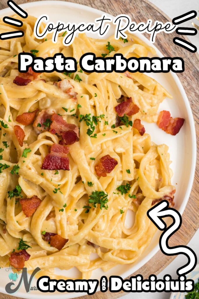 pasta carbonara with bacon and parsley on a white plate text reads copycat recipe pasta carbonara creamy 1 delicious 2