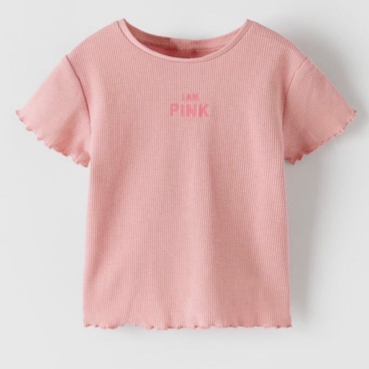 (Nwt) Zara, Size 3-4, I Am Pink Ribbed Top Pink Ribbed Stretch T-shirt, Pink Ribbed Cotton T-shirt, Cute Ribbed Cotton Tops, Pink Stretch Ribbed T-shirt, Stretch Ribbed Pink T-shirt, Cute Ribbed Tops, Pink Stretch Top By Zara, Pink Stretch Zara Top, Zara Pink Stretch Top