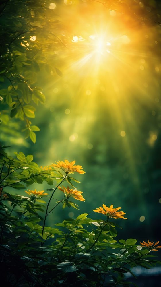 the sun shines brightly through the leaves and flowers in the forest, creating an artistic background