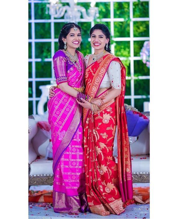 Red Kanjeevaram Saree, Sisters Before Misters, Chiffon Blouses Designs, South Indian Blouse Designs, Blouse Images, Bridal Sarees South Indian, Indian Bridal Sarees, Saree Blouse Neck Designs, Blouse Designs Indian