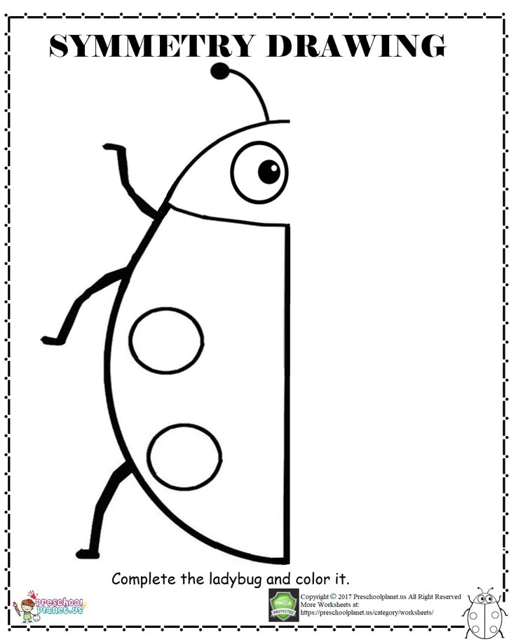 a ladybug coloring page with the text,'symmetry drawing complete the ladybug and color it