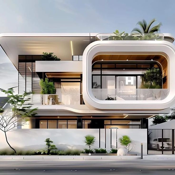 this is an architectural rendering of a modern house in the city with trees and plants on the roof