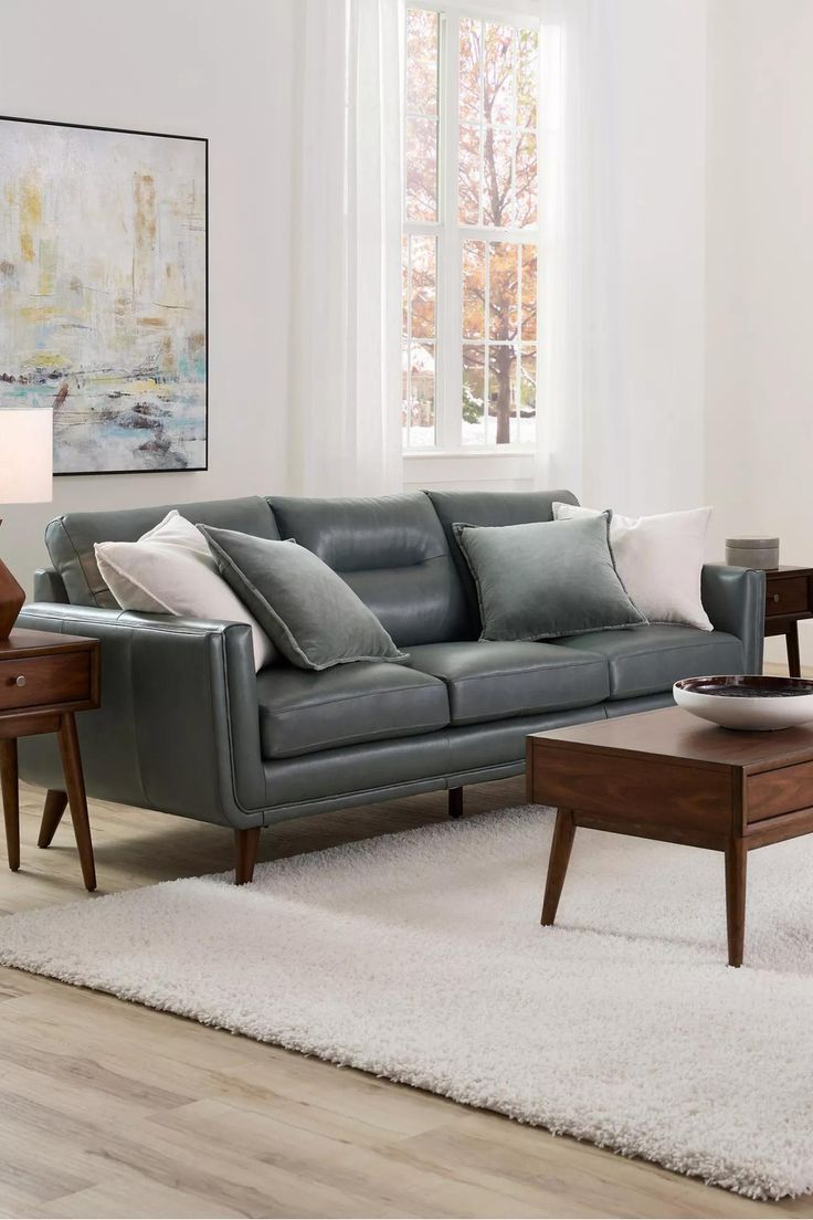 a living room filled with furniture and a white rug on top of a hard wood floor