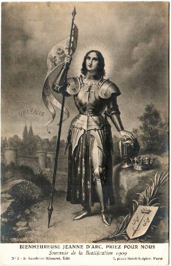 an old black and white photo of a woman in armor holding a flag, standing on a hill