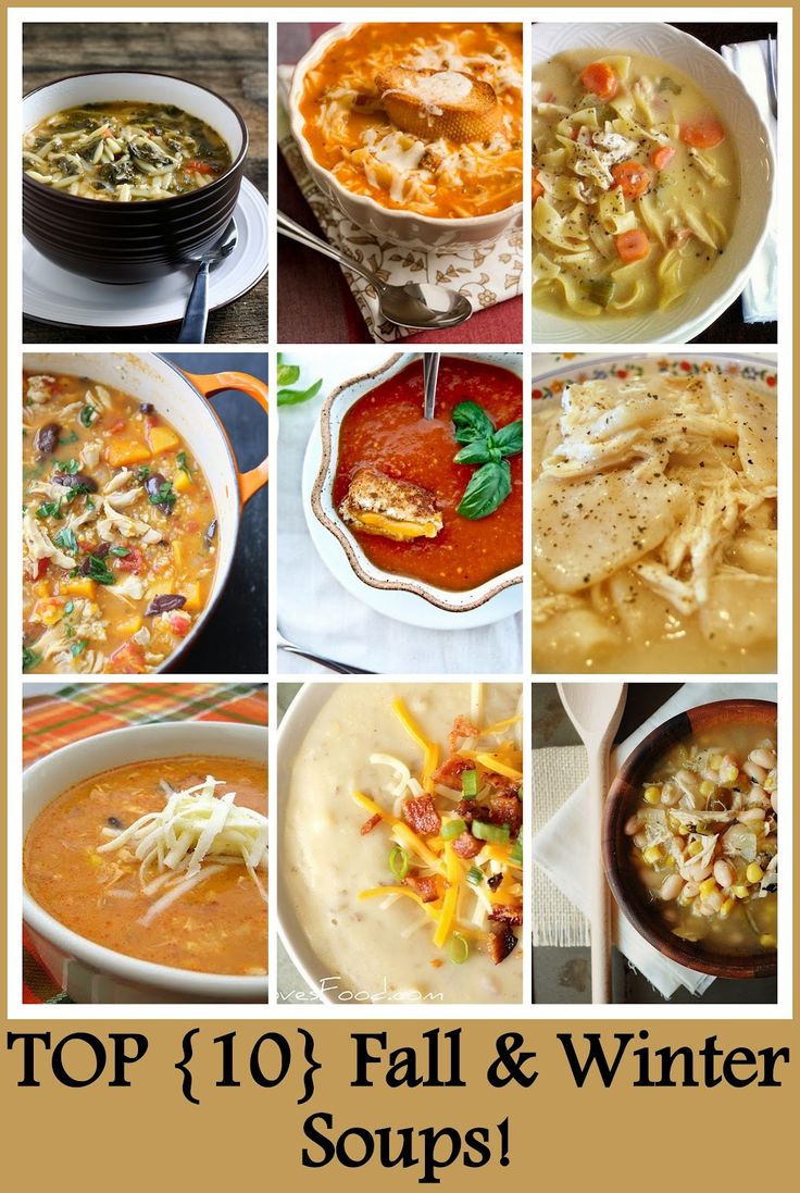 a collage of different soups and stews