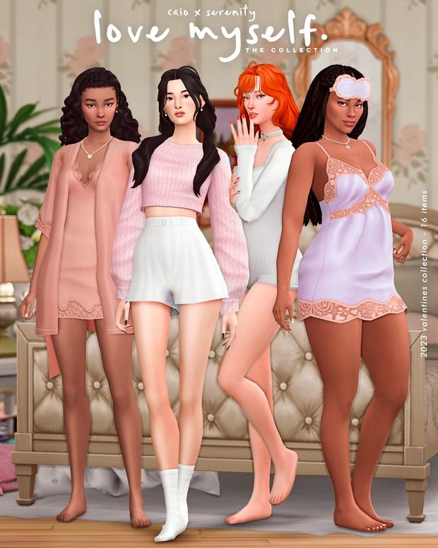 Like we did with the Lovebirds Collection, me and Serenity dedicated this time of the year (valentines day) to work on some sleepwear pieces that are not only sexy but also comfortable so that your sims feel good about themselves when they are at home relaxing, at bedtime and also when meeting their crush 🔥 Sims 4 Female Preset Cc, New Ts4 Cc, Sims 4 Cc Shoes Set, Ballet Core Sims 4 Cc, Sims Cc Collection, Sims 4 Cc Lounge Wear, Sims Cc Maxis Match, Outfits Sims 4 Cc, The Sims 4 Pack