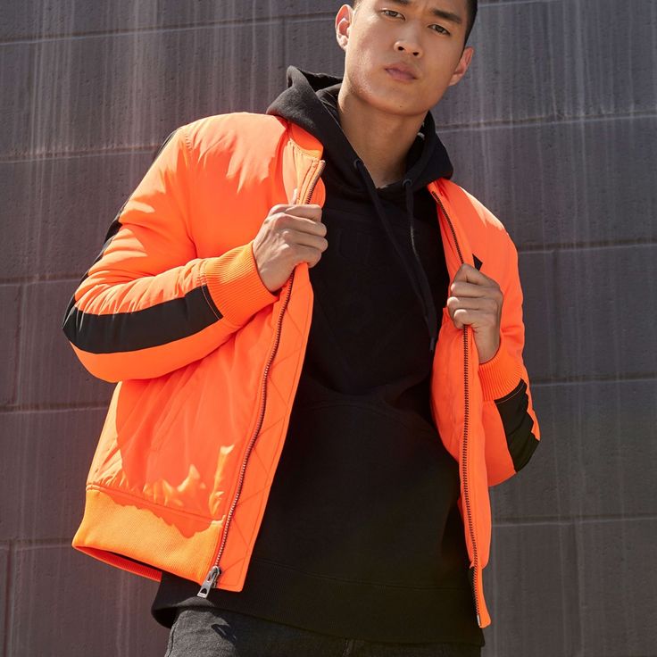 Brand New With Tag Style: #M93l55r0370 Stand Out In This Padded Nylon Bomber Jacket, Complete With Embroidered Japanese Characters On The Back, A Rubberized Triangle Patch At The Front, And Contrasting Panels Down The Sleeves. Zip Front Closure. 100% Polyester Machine Wash Sporty Orange Outerwear For Streetwear, Nylon Long Sleeve Outerwear With Reflective Details, Long Sleeve Nylon Outerwear With Reflective Details, Spring Outdoor Outerwear With Reflective Details, Casual Orange Nylon Windbreaker, Casual Orange Nylon Outerwear, Sporty Orange Nylon Outerwear, Urban Orange Long Sleeve Outerwear, Urban Long Sleeve Outerwear With Reflective Details