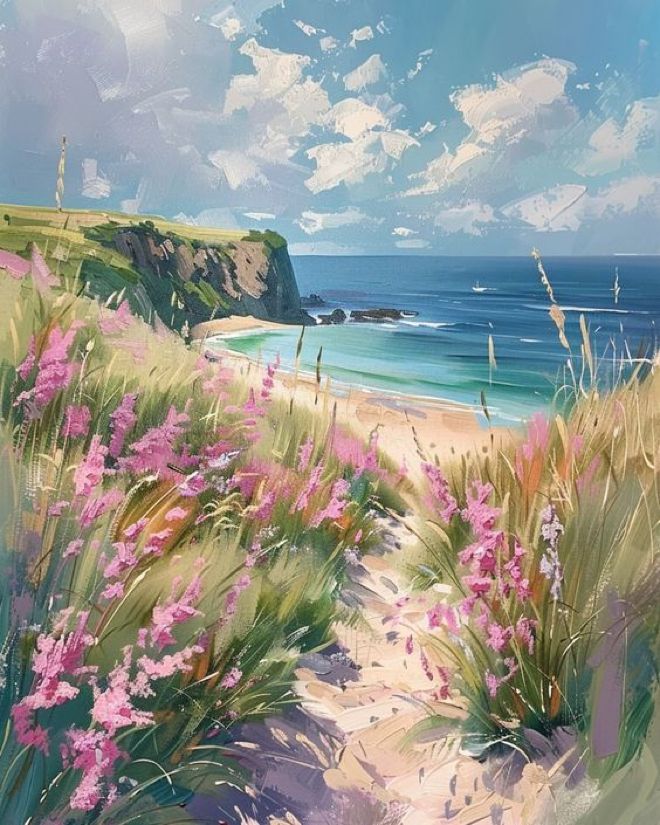 an oil painting of a path leading to the beach with pink flowers in the foreground