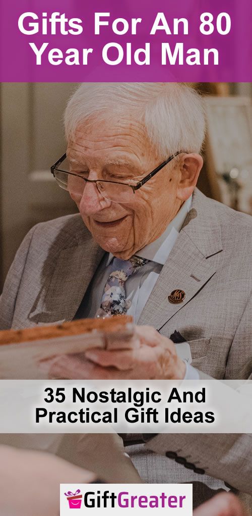 an older man reading a book with the title gifts for an 80 year old man