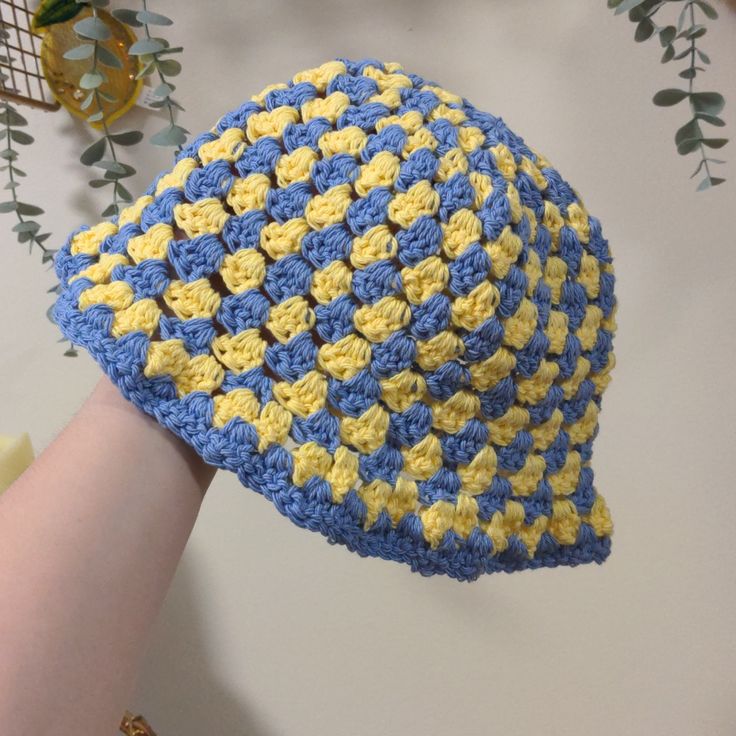 Crochet Bucket Hat Yellow And Blue Hand Made 100% Cotton Yellow Crochet Hat For Spring, Blue One Size Bucket Hat For Vacation, One Size Blue Bucket Hat For Vacation, Blue Bucket Hat For Vacation, Yellow Crochet Bucket Hat One Size, Spring Yellow Crochet Hat One Size, Blue One-size Spring Crochet Hat, Blue Crochet Summer Hat, One Size Fits Most, Blue Crochet Hat For Summer, One Size