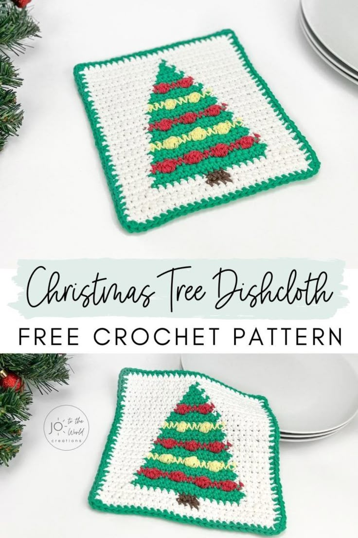 two crocheted christmas tree coasters on a table with text that reads, christmas tree dishcloth free crochet pattern