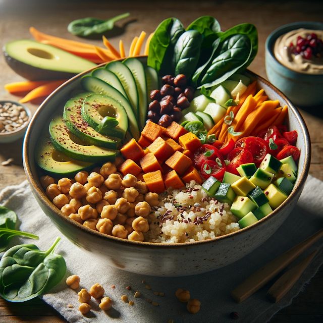 a bowl filled with assorted veggies next to other vegetables and grains on a table