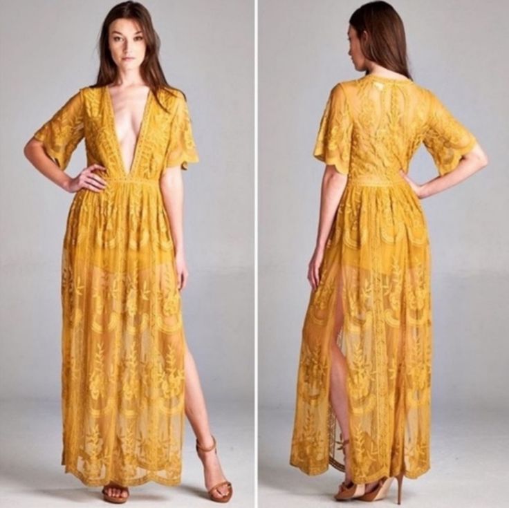 Brand New With Tags Size Small #Lacedress #Yellowdress #Bohodress #Maxidress Chic Long Yellow Dress, Long Gold Maxi Dress For Summer, Mustard V-neck Bohemian Dress, Bohemian Mustard V-neck Dress, Mustard Bohemian V-neck Dress, Gold Bohemian V-neck Dress, Bohemian Gold Maxi Dress For Summer, Yellow Lace Maxi Dress For Party, Yellow Bohemian V-neck Maxi Dress