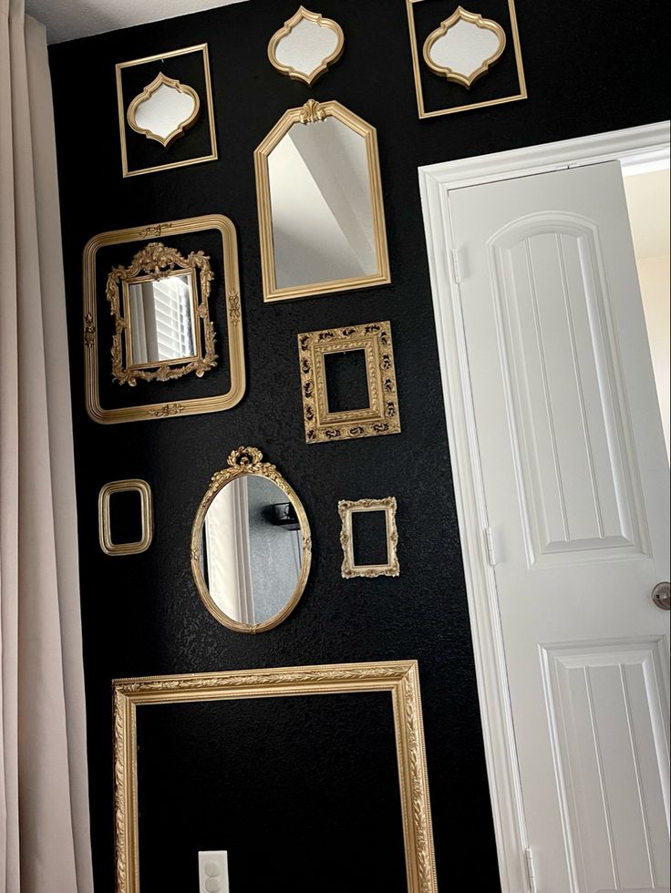 Mirror Wall | Frame Wall | Moody Bedroom | Accent Wall | Black Walls | Gold Frames | Antique Mirrors | Antique Frames | Ecclectic Decor | Moody Decor |
Behr Paint | Behr Black Paint | Interior Design | Master Bedroom Decor | Antiques Gold Wall In Bedroom, Black And Gold Antique Bedroom, Black Wall With Gold Mirror, Black With Gold Mirror, Black Wall Gold Mirror, Gold Frames On Black Wall, Black Paint Design On Wall, Black Wall With Gold Frames, Black And Gold Photo Wall