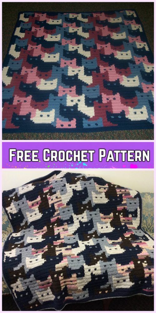 a crocheted blanket that has been made to look like cats on the front and back