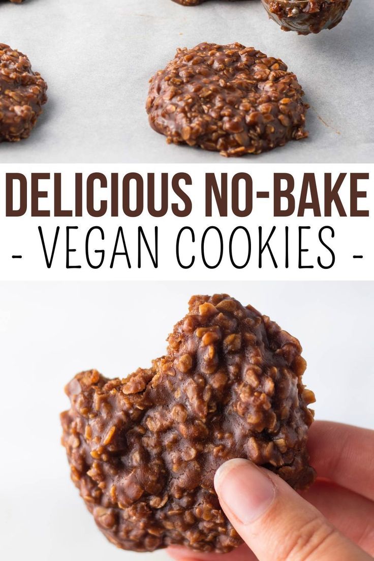 no bake vegan cookies are being held up in front of the camera, with text overlay that reads delicious no - bake vegan cookies