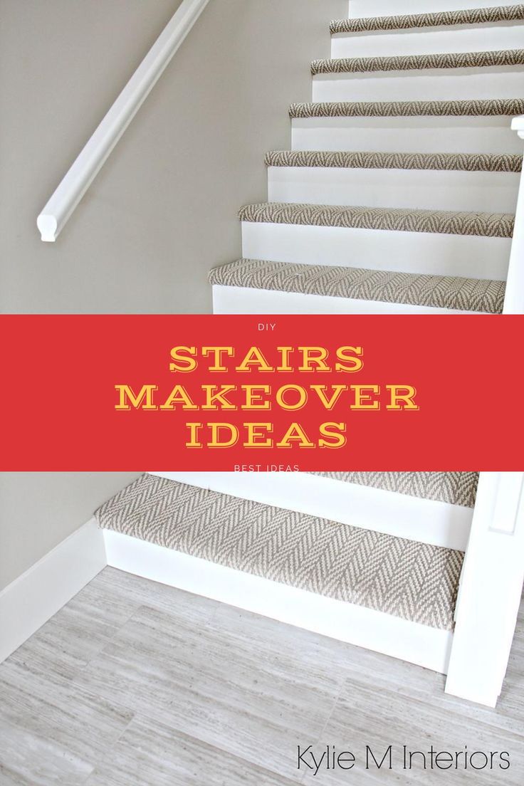 stairs makeover ideas with text overlay that reads stairs makeover ideas in red and white