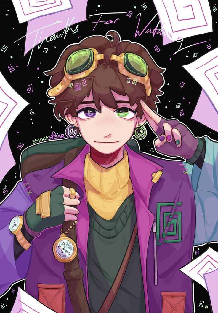 an anime character with goggles and a purple jacket, standing in front of a black background