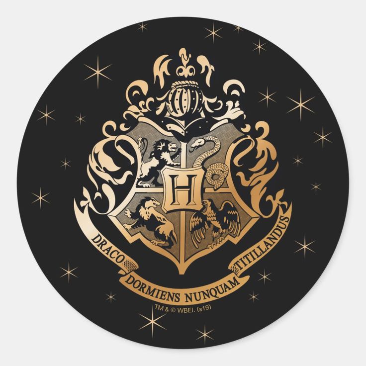 the hogwarts crest is shown on a black background with gold stars and sparkles