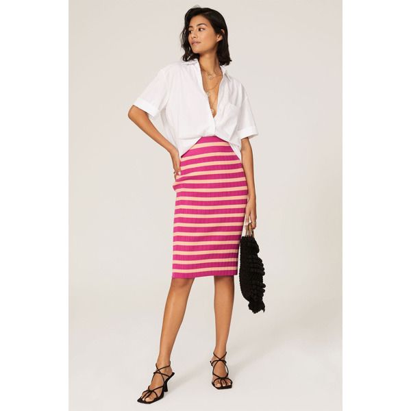 Pink and orange stripe (65% viscose; 25% polyester; 6% nylon; 4% elastane). Skirt. Not lined. No Pockets. 26.5" length. Imported. Striped Knee-length Skirt For Work, Fitted Vertical Stripe Mini Skirt For Spring, Striped Midi Skirt For Work, Chic Spring Skirt With Striped Hem, Fitted Striped Skirt For Spring, Chic Summer Skirt With Striped Hem, Chic Striped Hem Skirt For Summer, Chic Fitted Skirt With Striped Hem, Summer Workwear Skirt With Vertical Stripes