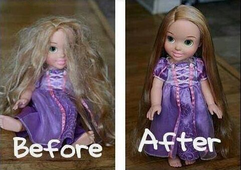 before and after photos of a doll with blonde hair wearing a purple dress on the floor