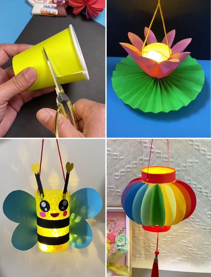 four different pictures of paper crafts with lights and decorations on them, including a bum