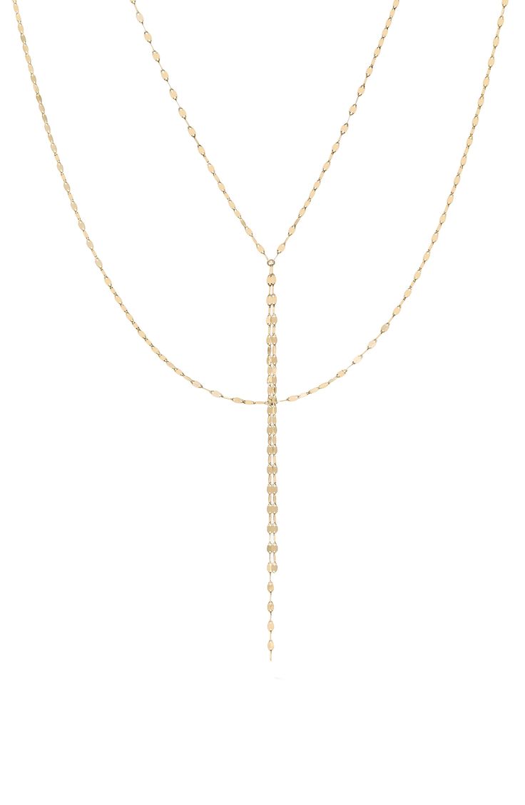 A twist of golden chains gives alluring style to a delicate 14-karat gold necklace. The fluid design moves throughout the day, taking on different shapes that further the style's intrigue. 23" longest strand length; 18" shortest strand length; 1" extender; 4 1/2" drop Lobster clasp closure. 14k gold. Made in the USA of imported materials. Formal Long Drop Chain Necklace, Elegant Gold Chain Lariat Necklace For Formal, Elegant Gold Chain Lariat Necklace For Formal Occasions, Formal Long Drop Delicate Chain Necklace, Gold Lariat Necklace With Figaro Chain, Gold Lariat Necklace For Layering, Formal Gold Chain Lariat Necklace, Formal Yellow Gold Backdrop Necklace With Delicate Chain, Elegant Gold Backdrop Necklace With Chain