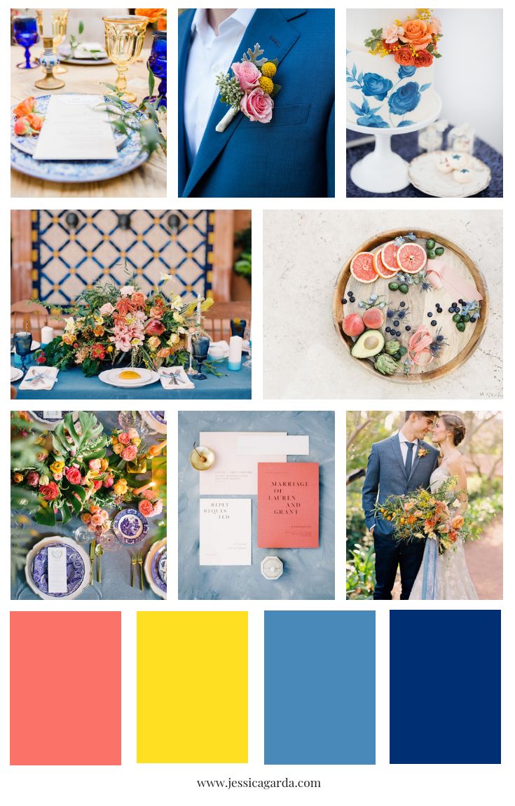 the color palette is blue, yellow, and pink with an assortment of different flowers