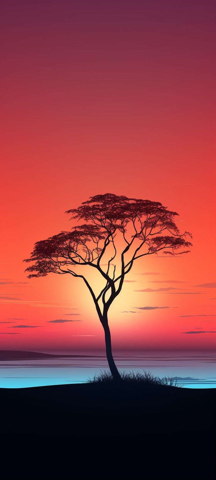 a lone tree is silhouetted against an orange and pink sunset