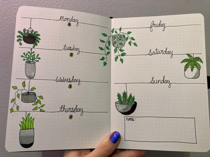 a hand holding an open planner with plants on it