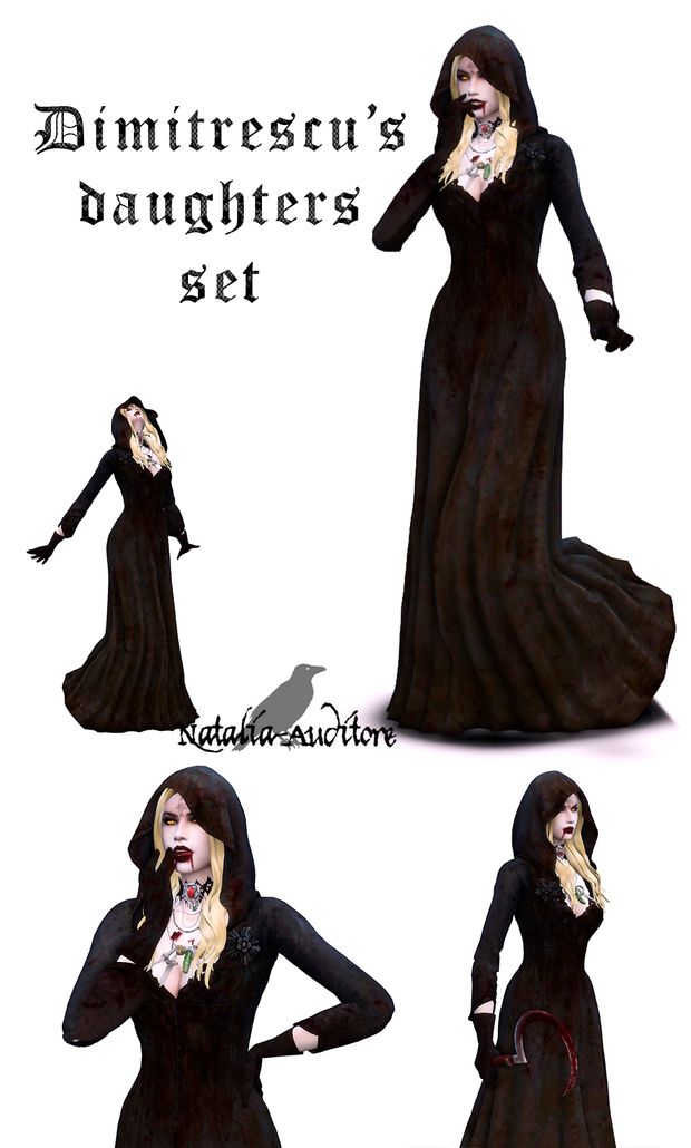 three different images of a woman dressed in black and wearing a long dress with her hands on