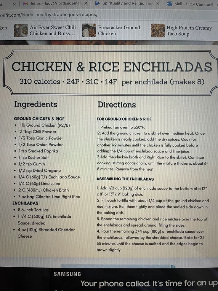 the menu for chicken and rice enchiladas