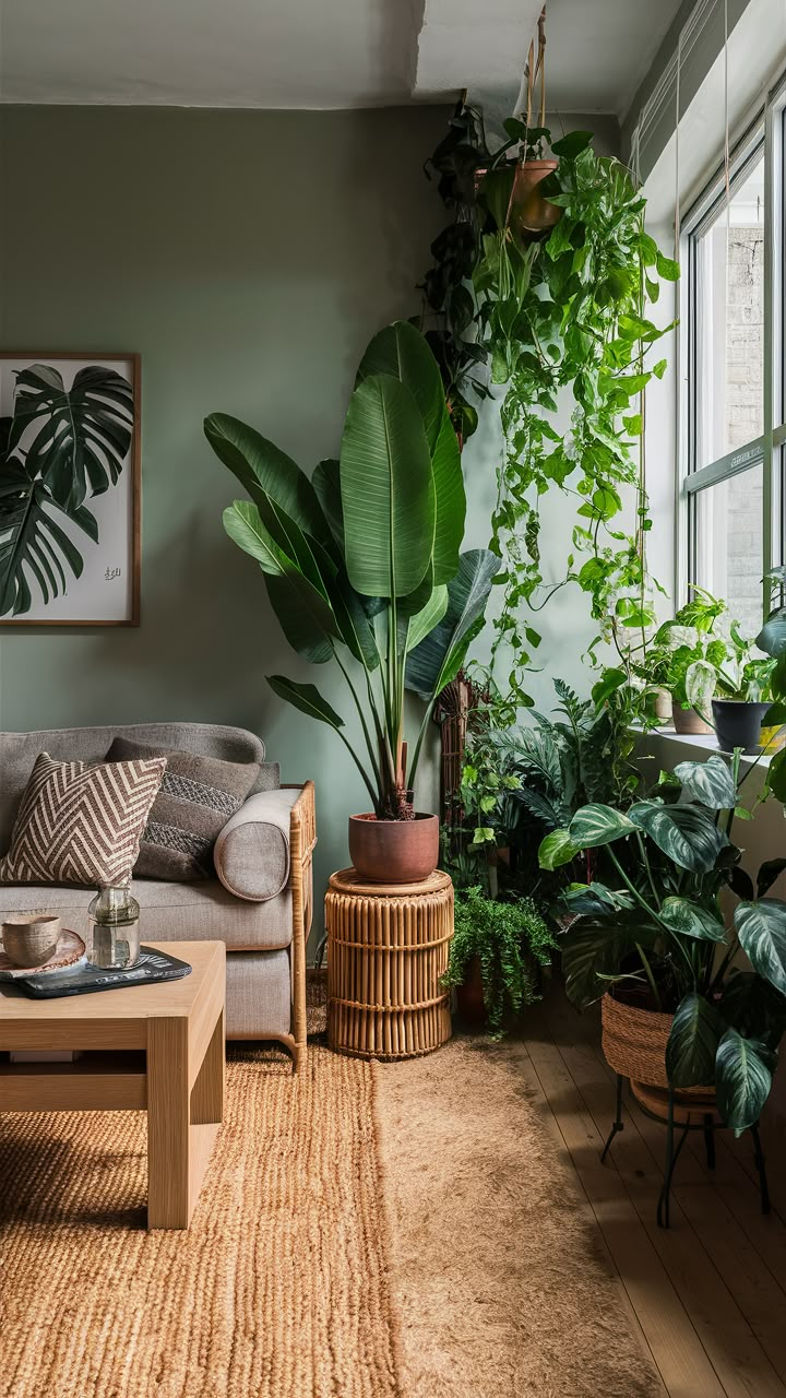 a living room filled with lots of plants next to a couch and coffee table in front of a window