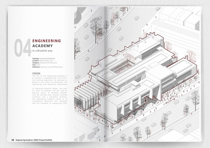 an architectural brochure is shown in red and white