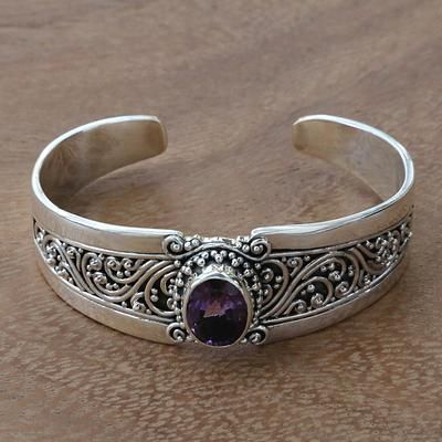 Amethyst and Sterling Silver Balinese Style Cuff Bracelet - Twilight Goddess | NOVICA Twilight Goddess, Amethyst Jewelry Ring, Balinese Style, Dnd Items, Gents Ring, Jewellery Inspiration, Bangles Jewelry Designs, Dope Jewelry, Amethyst Jewelry