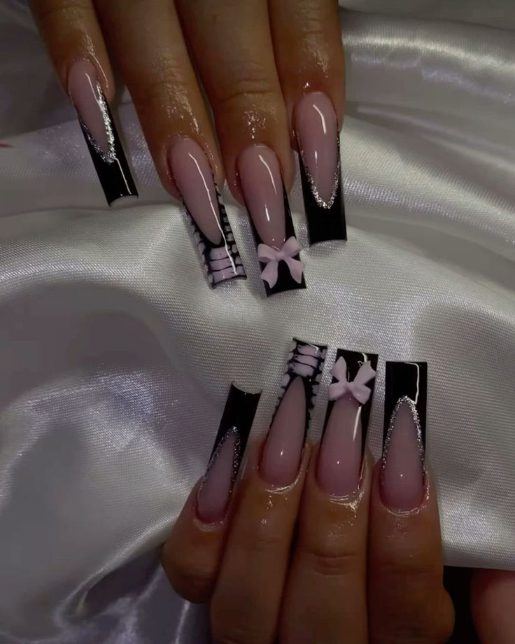 There's a new beauty trend taking over Instagram and it's absolutely stunning. Say hello to "quartz nails". New Trending Nails 2024, Long Tapered Square Nail Designs, Extra Nails Designs, Nails With Charms Y2k Black, Black Acrylic Nails Coffin Y2k, Long Nail Designs 2024 Trends, Coquette Nails Long Square, Black Hello Kitty Nails Long, Black And Pink Tapered Square Nails