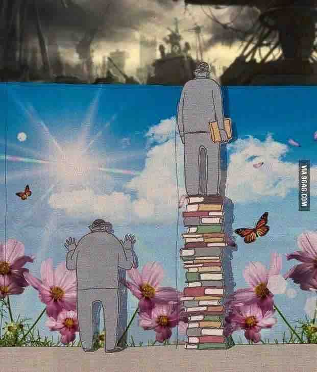 there is a drawing of two people standing on top of a stack of books in front of flowers