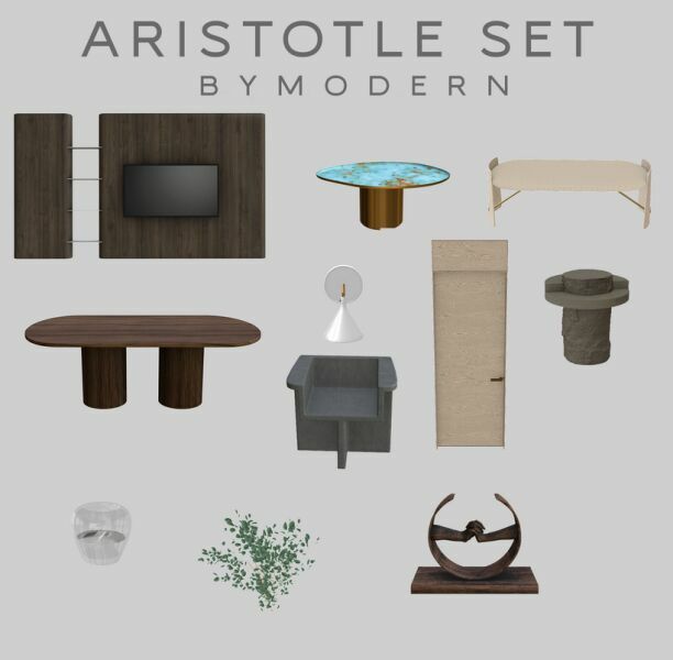 an assortment of furniture is shown with the words aristolle set by modern on it