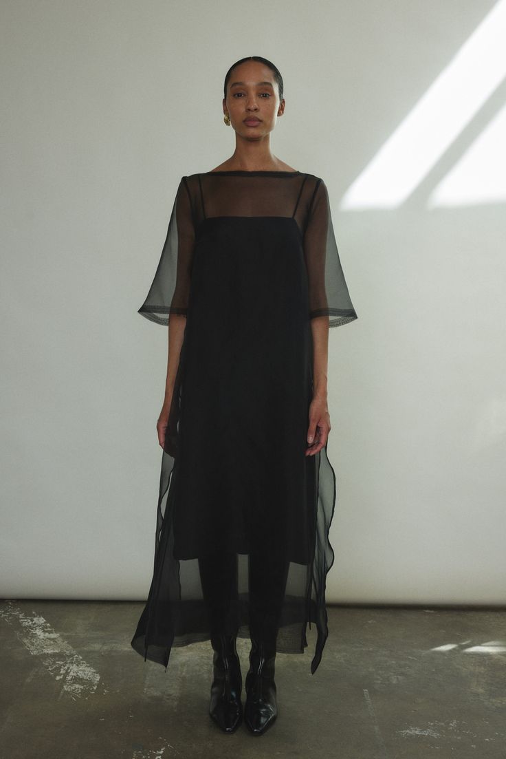 Thea Sheath Dress Organza Overlay Dress, Long Dress Styling, Masculine Dress, Sheer Outfit Ideas, Alternative Wedding Guest Outfit, Unique Dresses Creative, Sheer Dress Outfit, Mesh Dress Outfit, Silk Organza Dress