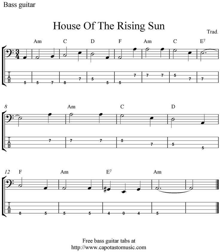 the bass guitar tab for house of the rising sun