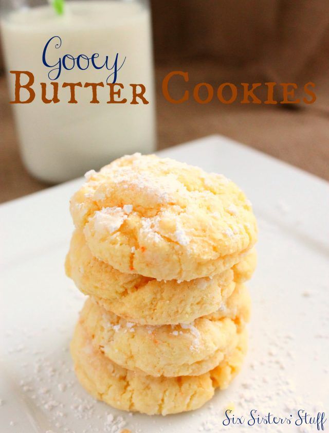 three cookies stacked on top of each other with the words gooey butter cookies in the background