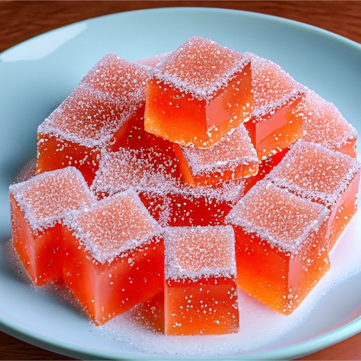 several squares of jelly sit on a plate with sugar sprinkled around them,