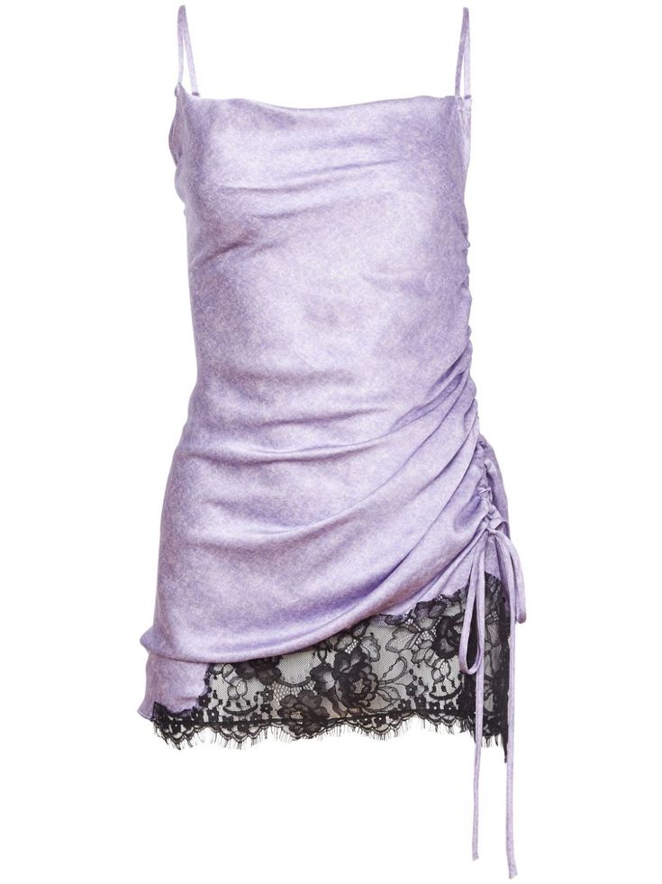 Find FLEUR DU MAL Lace-detailing Silk-blend Dress on Editorialist. lilac purple/black stretch-silk lace detailing ruched detailing square neck sleeveless flared hem thigh-length Classy Purple Dress, Purple Rhinestone Dress, Purple Vintage Clothes, Farfetch Blumarine, Purple Fashion Aesthetic, Purple Aesthetic Clothes, Lilac Clothes, Mal Dress, Light Purple Mini Dress